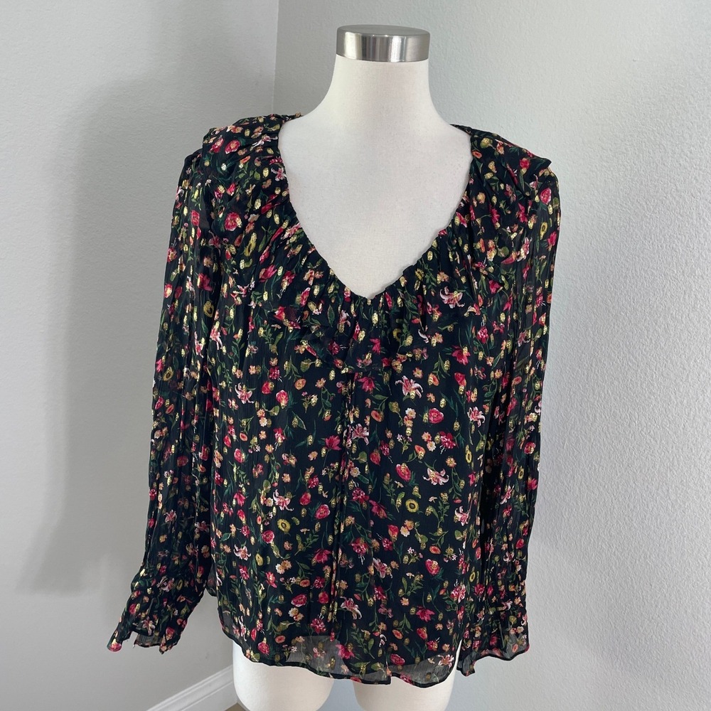 J Crew Womens XL Floral Metallic Ruffle V Neck Blouse Black Long Sleeve Top